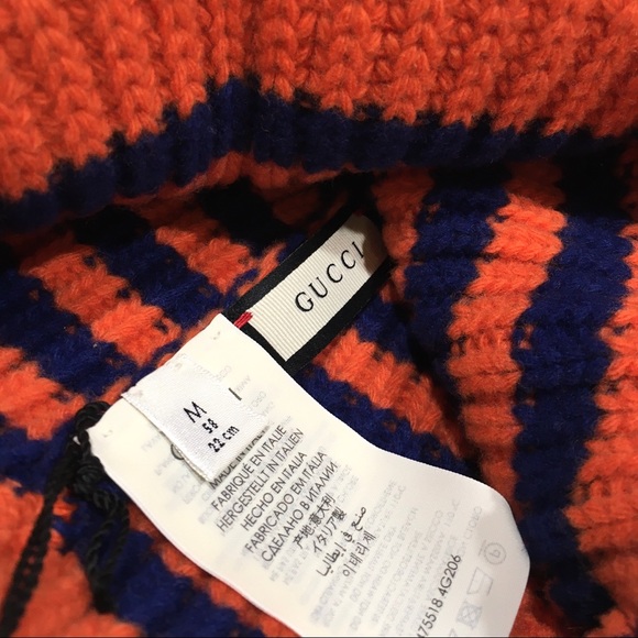Gucci Bee Beanie -100% Wool -Orange / Blue Striped -NWT - Picture 5 of 7